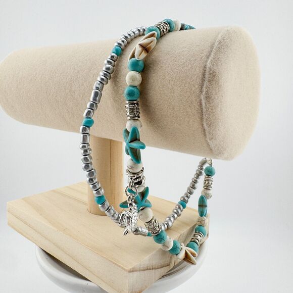 Turquoise 2 Strand Turtle Bracelet Anklet Silver Tone Beach Rustic Retro Sea - Picture 6 of 9